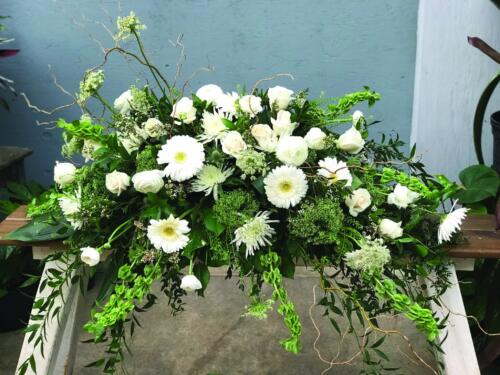 The Watering Can | An all white casket spray made with bells of Ireland, gerbera daisies, mums. roses, ranunculus, trachelium, queen anne’s lace, waxflower, and curly willow in a lush bed of greens.