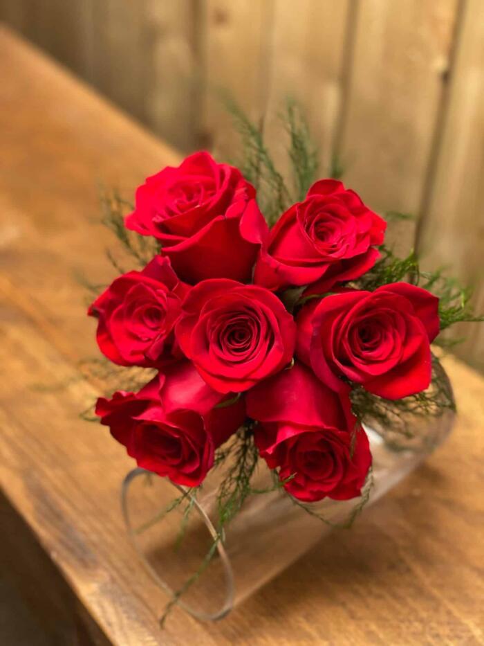 The Watering Can | View from above of 7 red roses.