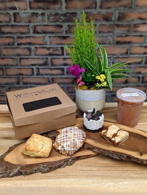 The Watering Can | A quiche, soup, scones, and squares, with a small colourful planter.