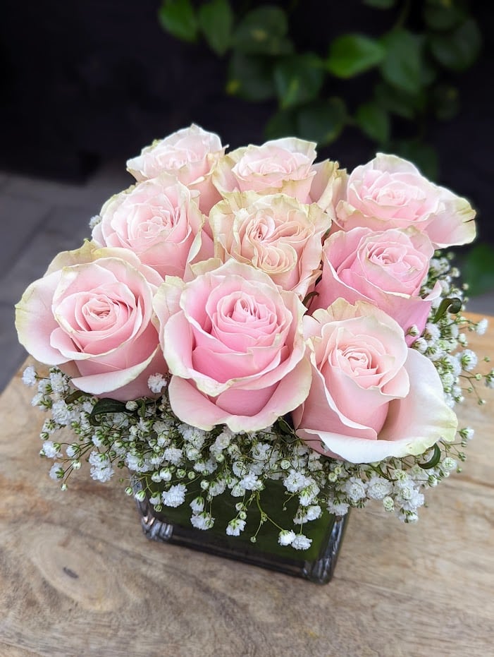 The Watering Can| Nine pink roses surrounded by a cloud of baby's breath in a square glass vase.